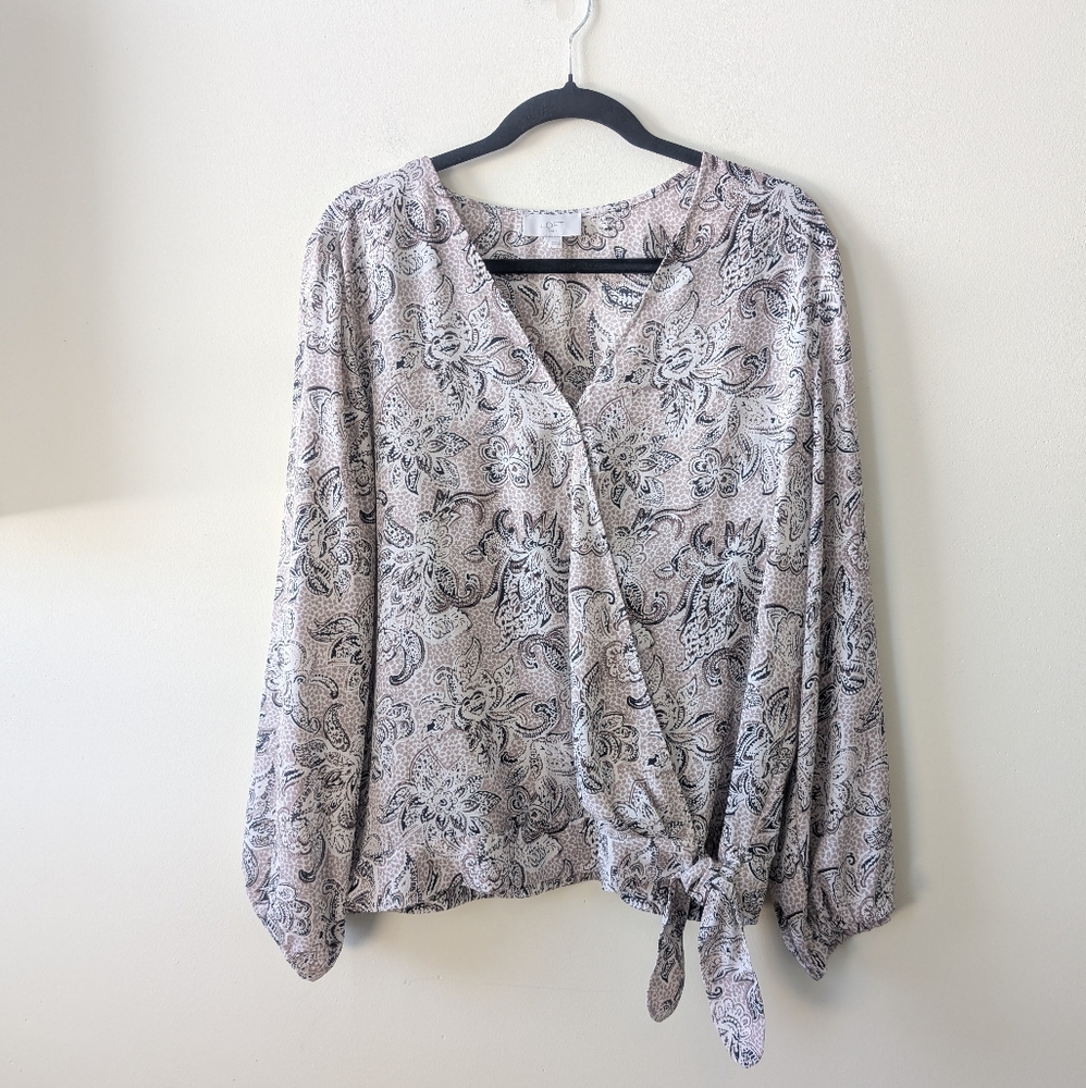 LOFT Faux Wrap Side Tie Blouse Paisley Print Long Sleeve Size Large